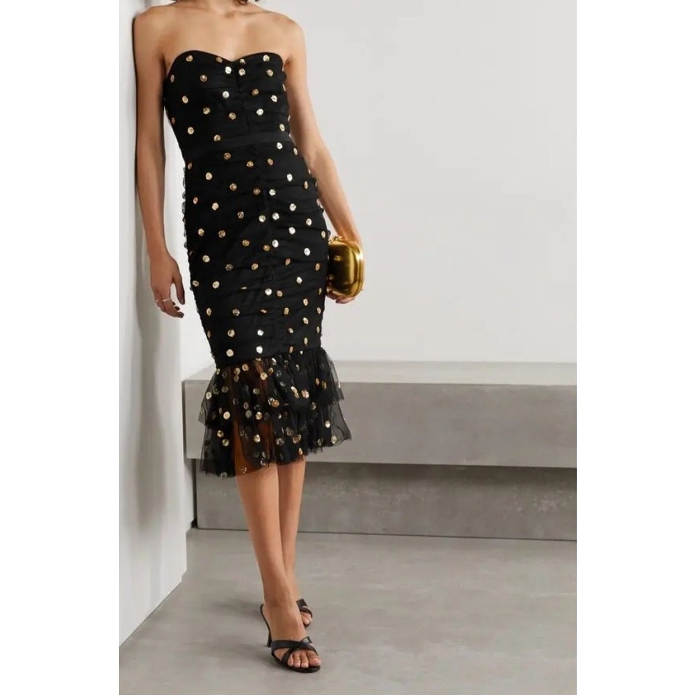 Marchesa Notte NWT Strapless Black Gold Sequin‎ Polka Dot Tulle Midi Dress 8